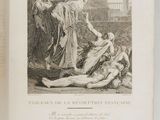 an old book with a drawing of a woman and a man on the ground