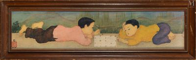 un tableau représentant trois enfants en train de jouer aux dames