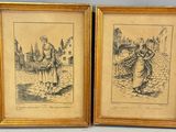 deux gravures encadrées représentant un homme et une femme marchant dans la rue