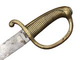 a close up of a knife on a white background