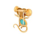 yellow gold plated mouse brooch with turquoise stone eyes and tail