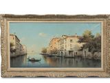 tableau représentant une scène de canal avec une gondole au premier plan