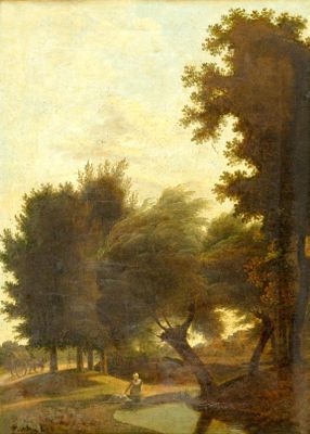 une image représentant un tableau où l'on voit une rivière et des arbres dans une zone boisée