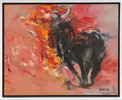 a painting of a bull is shown in a black frame