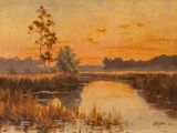 an oil painting of a sunset over a river with a tree in the foreground