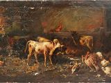 tableau représentant un groupe de vaches et de poules dans une étable