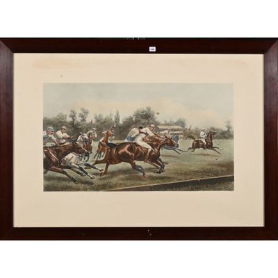 tableau représentant une course hippique avec des jockeys et des chevaux galopant sur la piste