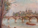 painting of a painting of a river with a bridge in the background