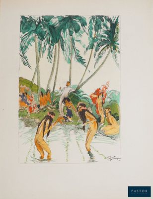 une image d'un tableau représentant un groupe de personnes sur une plage