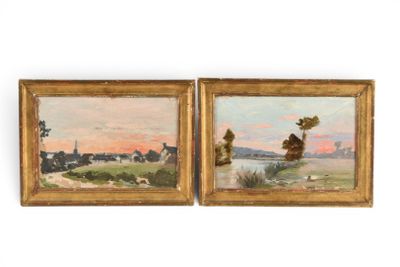 deux tableaux représentant un paysage avec une rivière et une ville au loin