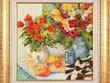 an oil painting of a vase of flowers and fruit on a table