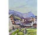 watercolor painting of a farm scene with cows grazing in the pasture