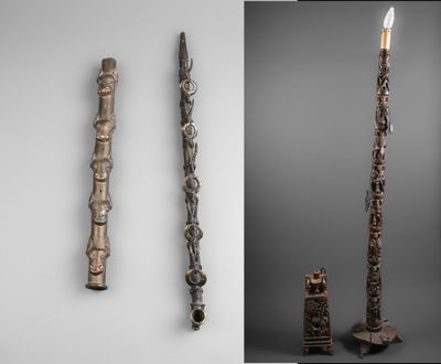 trois vues différentes d'un grand poteau en bois orné de sculptures