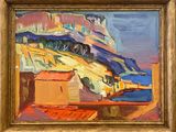 an oil painting of a view of a mountain with a house on it