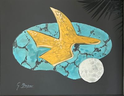 une peinture représentant une étoile de mer et une pleine lune sur fond noir