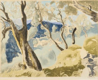 une image représentant une aquarelle représentant un paysage avec des arbres