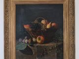 an oil painting of a basket of fruit on a table