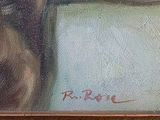 an oil painting of a brown dog sitting on top of a wooden table