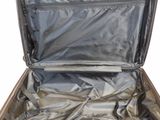 a yellow suitcase with silver linings on a white surface