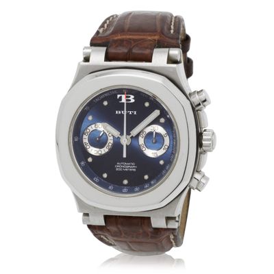 men ' s watch with blue dial and brown leather strap