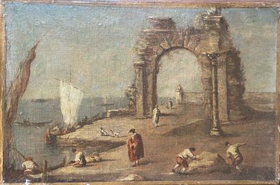 tableau représentant des personnes sur une plage près d'un plan d'eau