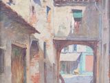 painting of a street in a small town with a car parked on the side of the road