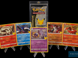 pokemon trading card game with a variety of cards on a black background