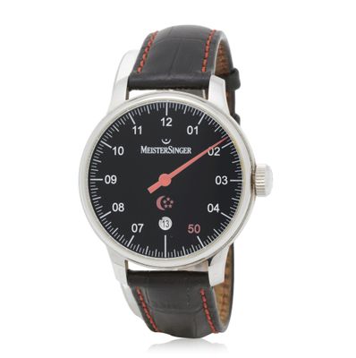 a close up of a watch on a white background with a red second hand