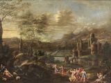 painting of a landscape with figures and animals in front of a castle
