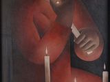 a painting of a man sitting in front of a lit candle