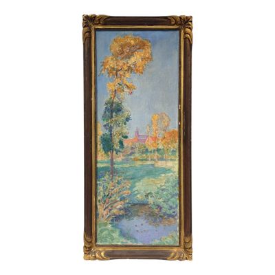 une peinture à l'huile représentant un paysage avec des arbres et une rivière