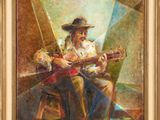 une peinture à l'huile représentant un homme assis sur une chaise en train de jouer de la guitare