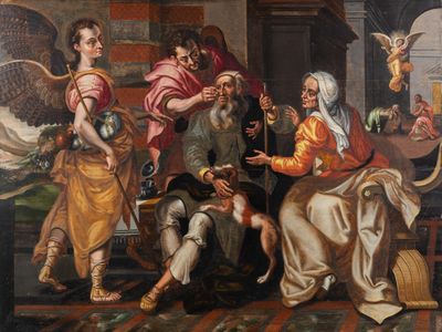 painting of a group of people sitting around a table in a room