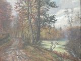 une peinture à l'huile représentant une route de campagne en automne, bordée d'arbres de chaque côté