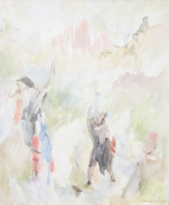 tableau représentant un groupe de personnes marchant sur un sentier, un parapluie à la main