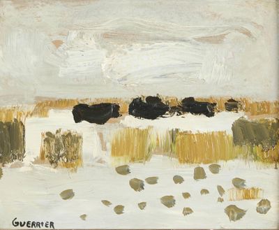 une peinture à l'huile représentant des vaches paissant dans un champ enneigé par temps nuageux