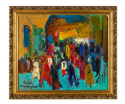 une peinture à l'huile représentant un groupe de personnes marchant dans une rue