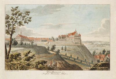 tableau représentant la vue d'un château situé sur une colline surplombant une ville