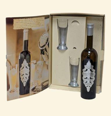 a bottle of wine and a glass in a box