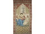 un tableau représentant une femme assise sur un canapé à côté d'un chien