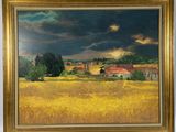 une peinture à l'huile représentant un champ de blé avec une maison au loin