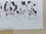 four cows that are standing in a row together