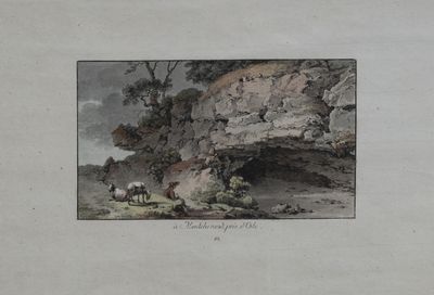 a picture of a painting of a man and a horse in a rocky area