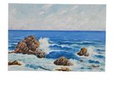 une peinture à l'huile représentant une plage rocheuse où les vagues viennent se briser contre les rochers