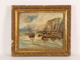 peinture représentant un bateau sur un plan d'eau, près d'une falaise