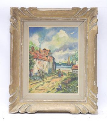 an oil painting of a farm scene with a man walking down the road