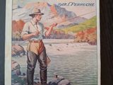 un vieux livre sur lequel figure l'image d'un homme en train de pêcher au bord d'une rivière