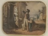 a picture of a painting of two men and a dog
