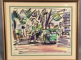 tableau représentant une voiture verte garée sur le bord de la route