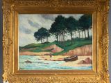 une image d'un tableau représentant un bateau sur une plage